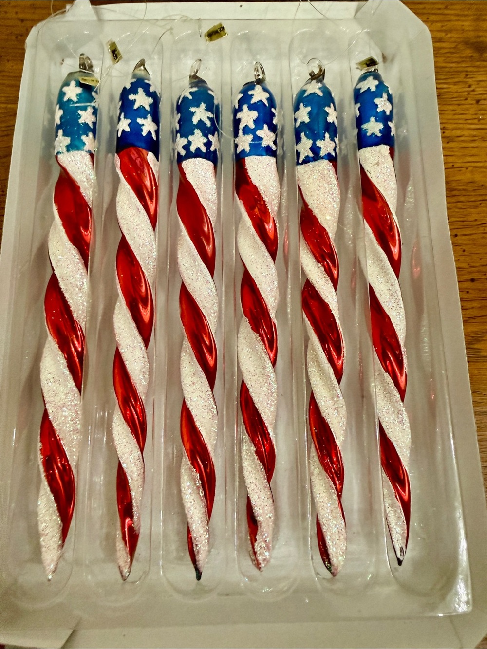Patriotic Red White Blue Spiral Glass Icicle Ornaments - Set of 6